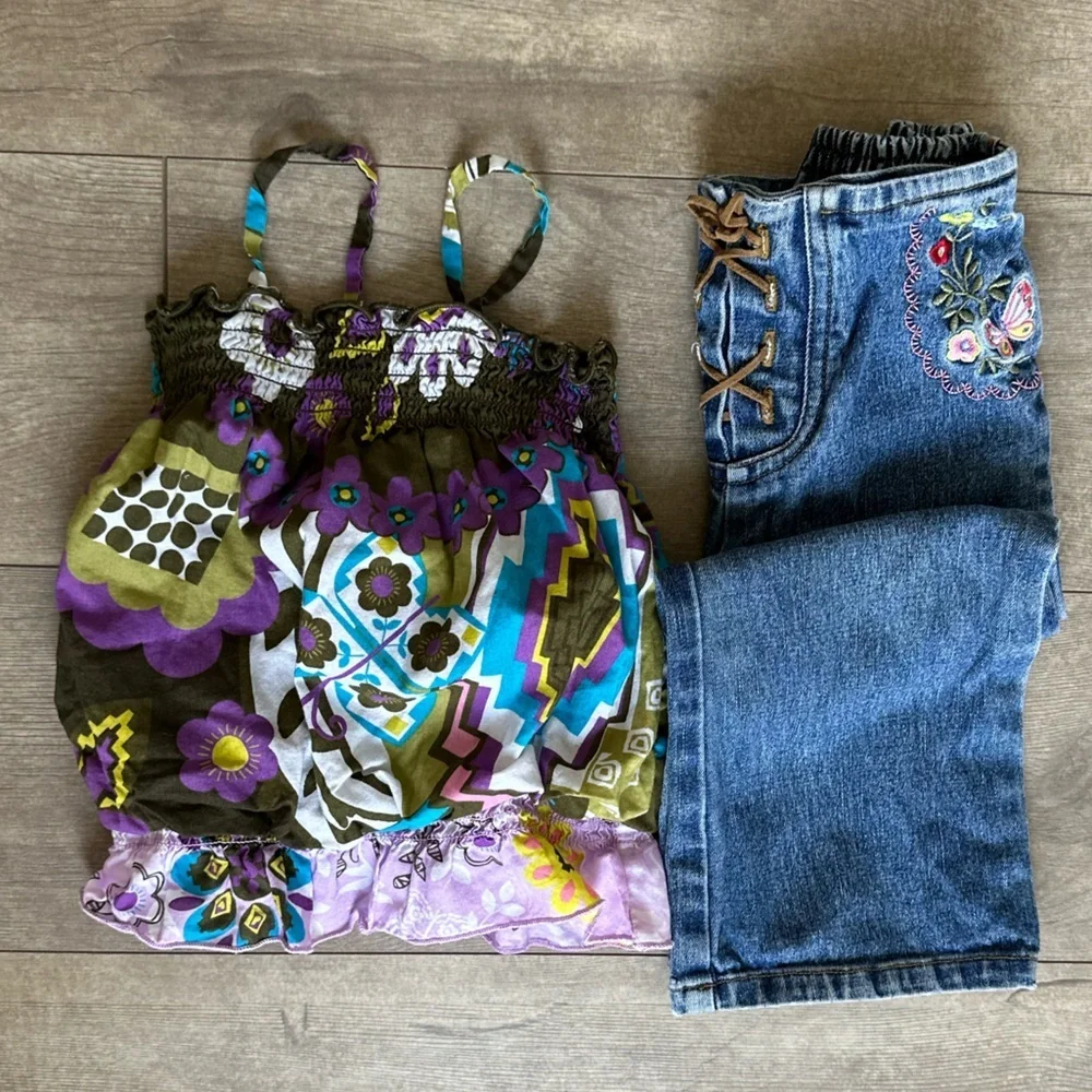 Y2K Bohemian Place Denim Embroidered Jeans + Mixed Print Retro Bubble Top Girl